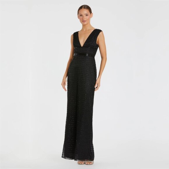 NWT Mac Duggal Beaded Cap Sleeve V Neck Column Gown Black 8 #8285 - Picture 1 of 8
